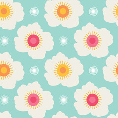 Abstract Cloud Flowers with suns and stars pink blue