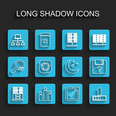 Set line Mail server, Ranking star, Computer network, Open new window, Loading, Police badge, Unknown document and Moon and stars icon. Vector