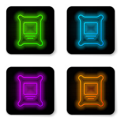 Glowing neon line Fertilizer bag icon isolated on white background. Black square button. Vector