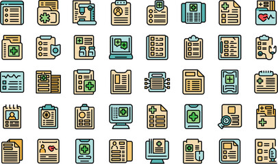 Treatment history icons set outline vector. Doctor health. Ehr medical thin line color flat on white