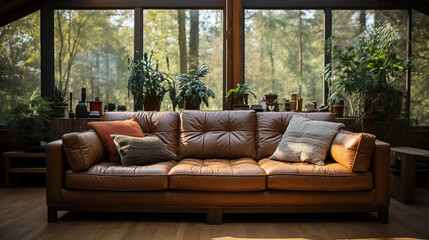 Leather couch in natural livingroom
