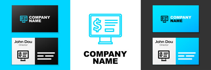 Blue line Monitor with dollar icon isolated on white background. Sending money around the world, money transfer, online banking, financial transaction. Logo design template element. Vector