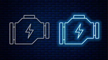 Glowing neon line Check engine icon isolated on brick wall background. Vector