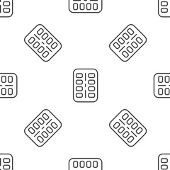 Grey line Nicotine gum in blister pack icon isolated seamless pattern on white background. Helps calm cravings and reduces anxiety caused by quitting smoking. Vector