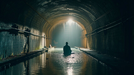 Lonely man in underground sewer tunnel. Generative AI