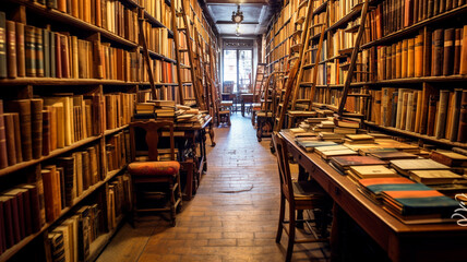 Fototapeta premium Long shelves with many old vintage books in bookstore. Generative AI