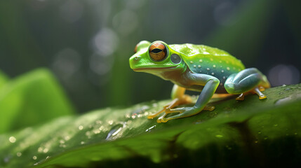 Obraz premium frog in the pond, frog resting on a transparent leaf, generative ai