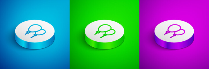 Isometric line Balloons with ribbon icon isolated on blue, green and purple background. Happy Easter. White circle button. Vector