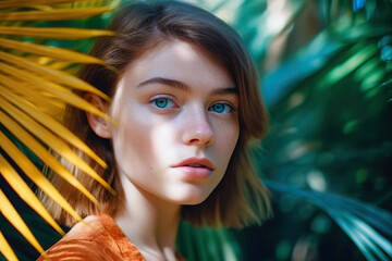 Fototapeta premium Portrait of beautiful woman with shadows of palm leaf on face. wild woman in Jungle. beautiful girl in palm leaves. Beauty Portrait