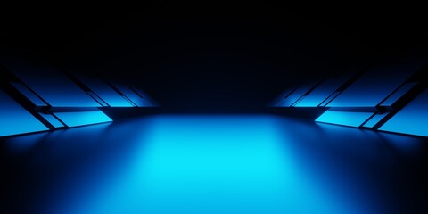 3d rendering of blue light corridor hallway spaceship dark background. Scene for advertising, showroom, technology, future, modern, sport, game, metaverse. Sci Fi Illustration. Product display