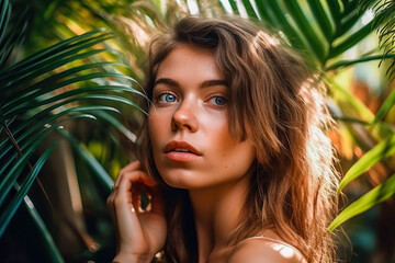 Portrait of beautiful woman with shadows of palm leaf on face. wild woman in Jungle. beautiful girl in palm leaves.  Beauty Portrait