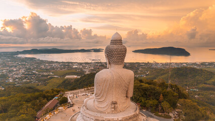 Beautiful Phuket white Big Buddha statue. Aerial view of Big Buddha viewpoint at sunrise in Phuket...