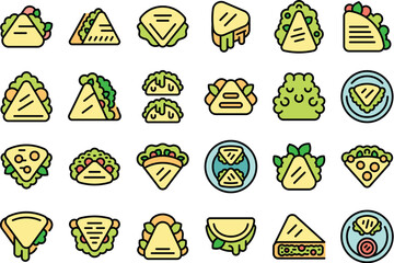 Quesadilla icons set outline vector. Food restaurant. Chicken travel thin line color flat on white