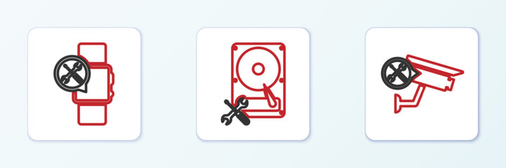 Set line Security camera service, Smartwatch and Hard disk drive icon. Vector
