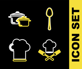 Set line Spoon, Chef hat and fork, and Cooking pot icon. Vector