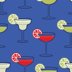 Seamless pattern - bar cocktail Caipirinha with fruits illustration. Cocktail garnish. Vector illustration of citrus