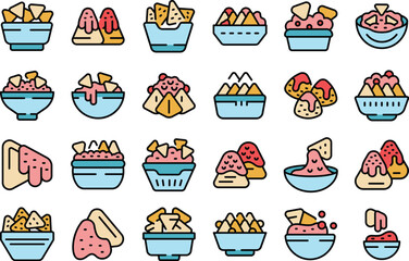 Nachos icons set outline vector. Dip mexican. Food party thin line color flat on white