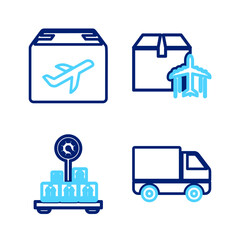 Set line Delivery cargo truck vehicle, Scale with cardboard box, Plane and and icon. Vector