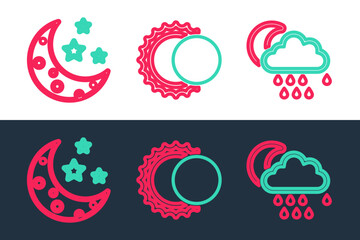 Set line Cloud with rain and moon, Moon stars and Eclipse of the sun icon. Vector