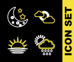 Set line Sun and cloud weather, Cloud with rain sun, Sunset and Moon stars icon. Vector