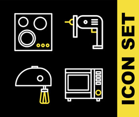 Set line Electric drill machine, Microwave oven, mixer and Gas stove icon. Vector