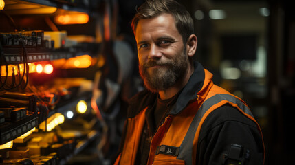 Portrait of man in orange reflexive vest, generative ai