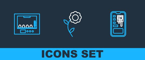 Set line Smart control farming system, Incubator for eggs and Flower icon. Vector