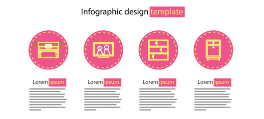 Set line Shelf, Furniture nightstand, Picture frame on table and Grand piano icon. Vector