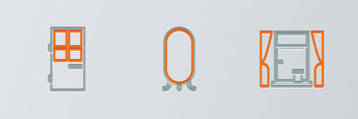 Set line Window with curtains, Closed door and Big full length mirror icon. Vector © vector_v
