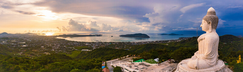 Panorama view of The marble statue of the big Buddha in aerial view shot.One of the most famous landmark of phuket. © Jitti