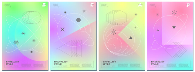 Abstract brutalism poster set with minimalistic geometric linear planets on shapes on gradient space background. Modern brutalist style minimal simple graphic prints. Brutal trendy y2k design template