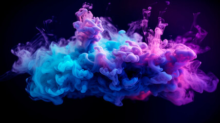 Fototapeta na wymiar Neon blue and periwinkle multicolored smoke puff cloud design elements on a dark background. Generative AI
