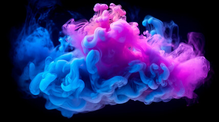 Obraz premium Neon blue and periwinkle multicolored smoke puff cloud design elements on a dark background. Generative AI