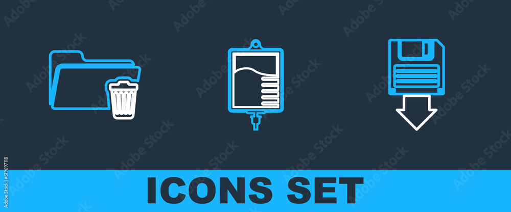 Poster set line floppy disk backup, delete folder and iv bag icon. vector
