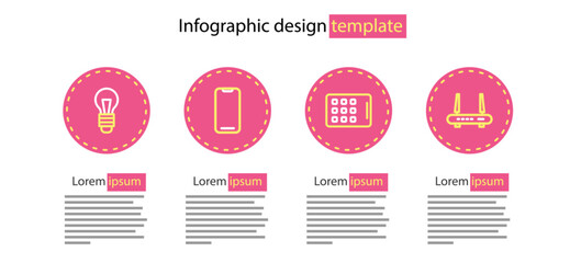 Set line Graphic tablet, Router and wi-fi signal, Smartphone and Light bulb icon. Vector
