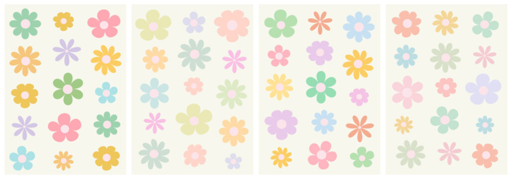 Set of colorful abstract backgrounds. Y2k aesthetic. Vector cards in retro psychedelic style. Groovy backgrounds. Groovy retro flowers daisy set.