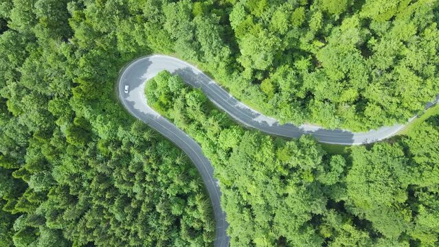 Aerial view of a electric car driving in green ecologic nature on a winding road