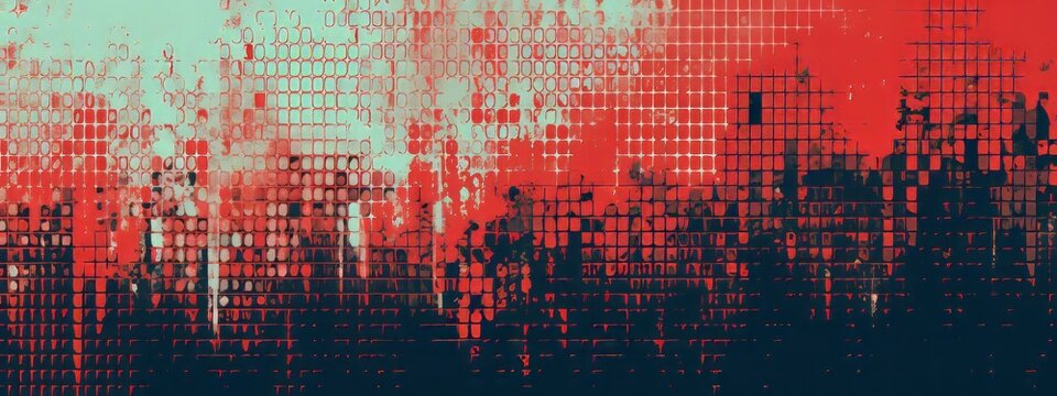 Glitch distorted grunge layer,  noise destroyed texture background banner illustration - defect error shapes, overlay, distressed effect, shapes with a halftone dots screen print (Generative Ai)