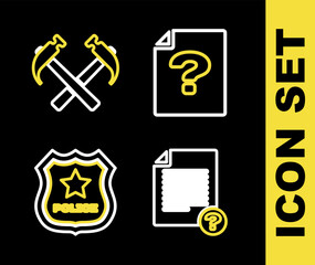Set line Unknown document, Police badge and Two crossed hammers icon. Vector