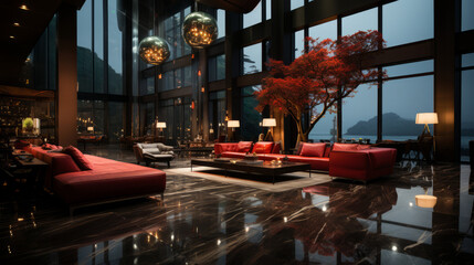 Fototapeta na wymiar Modern style lobby in hotel, generative ai