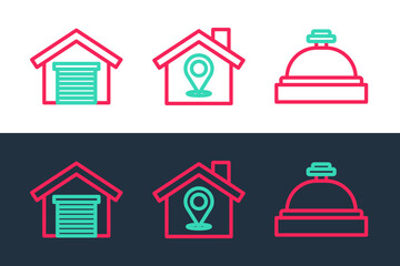 Set line Hotel service bell, Garage and Location with house icon. Vector