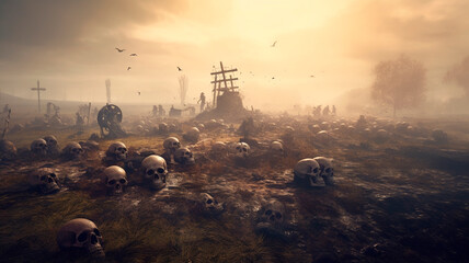 old battlefield with skulls in fog, apocalypse and hell. Generative AI