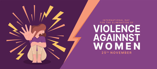 International Day for the Elimination of Violence Against Women - The woman sitting on the floor and raised her hand to defend and stop attacked herself with line thunder around vector design