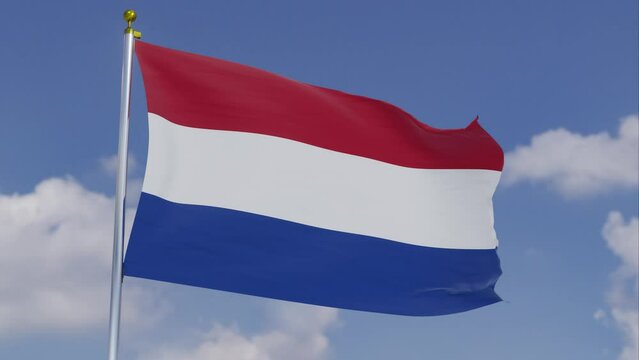 Flag Of The Netherlands Moving In The Wind With A Clear Blue Sky In The Background, Clouds Slowly Moving, Flagpole, Slow Motion