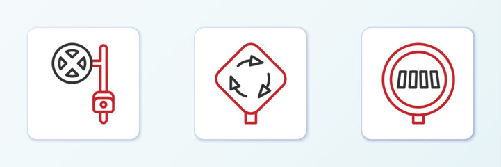 Set line Pedestrian crosswalk, Stop sign with camera and Roundabout traffic icon. Vector
