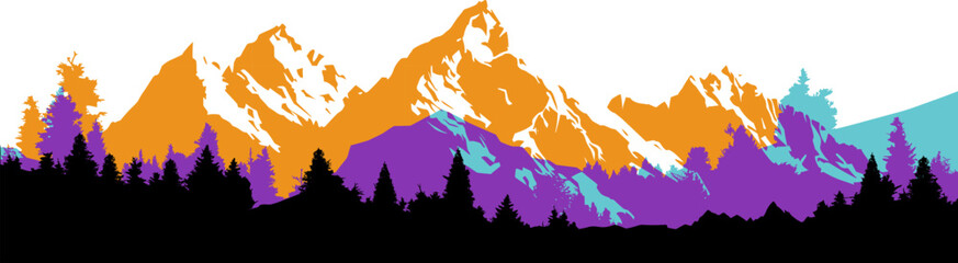 Mountain with forest silhouette border. Vectot colorful design element in overlay style.