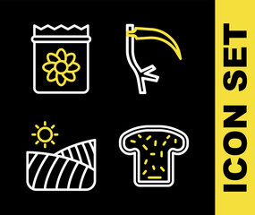 Set line Scythe, Bread toast, Agriculture wheat field and Pack full of seeds of plant icon. Vector