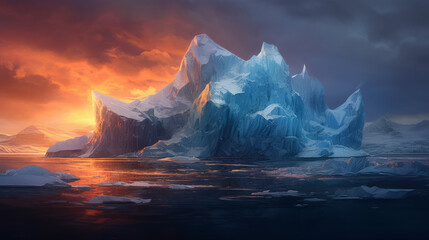 iceberg in the night, luminescent iceberg in amazing nature, generative ai