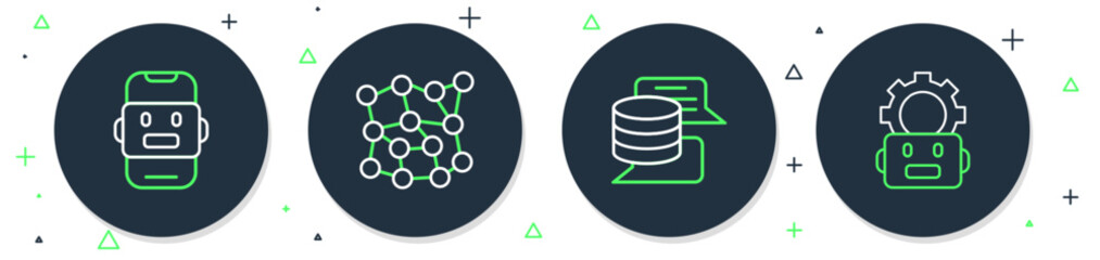 Set line Neural network, Server, Data, Chat bot and Robot setting icon. Vector