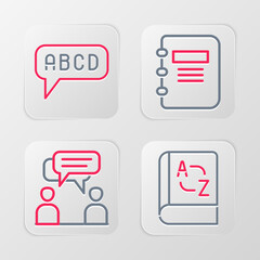 Set line Translator book, Two sitting men talking, Notebook and Alphabet icon. Vector